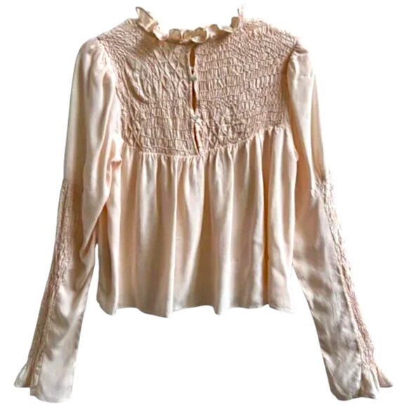 Free People Smocked Yoke Blouse Pink Coral Boho Peasant Top Long Sleeve XS - Picture 7 of 9